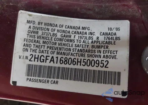 2006 Honda Civic Ex from USA, damaged, VIN 2HGFA16806H500952